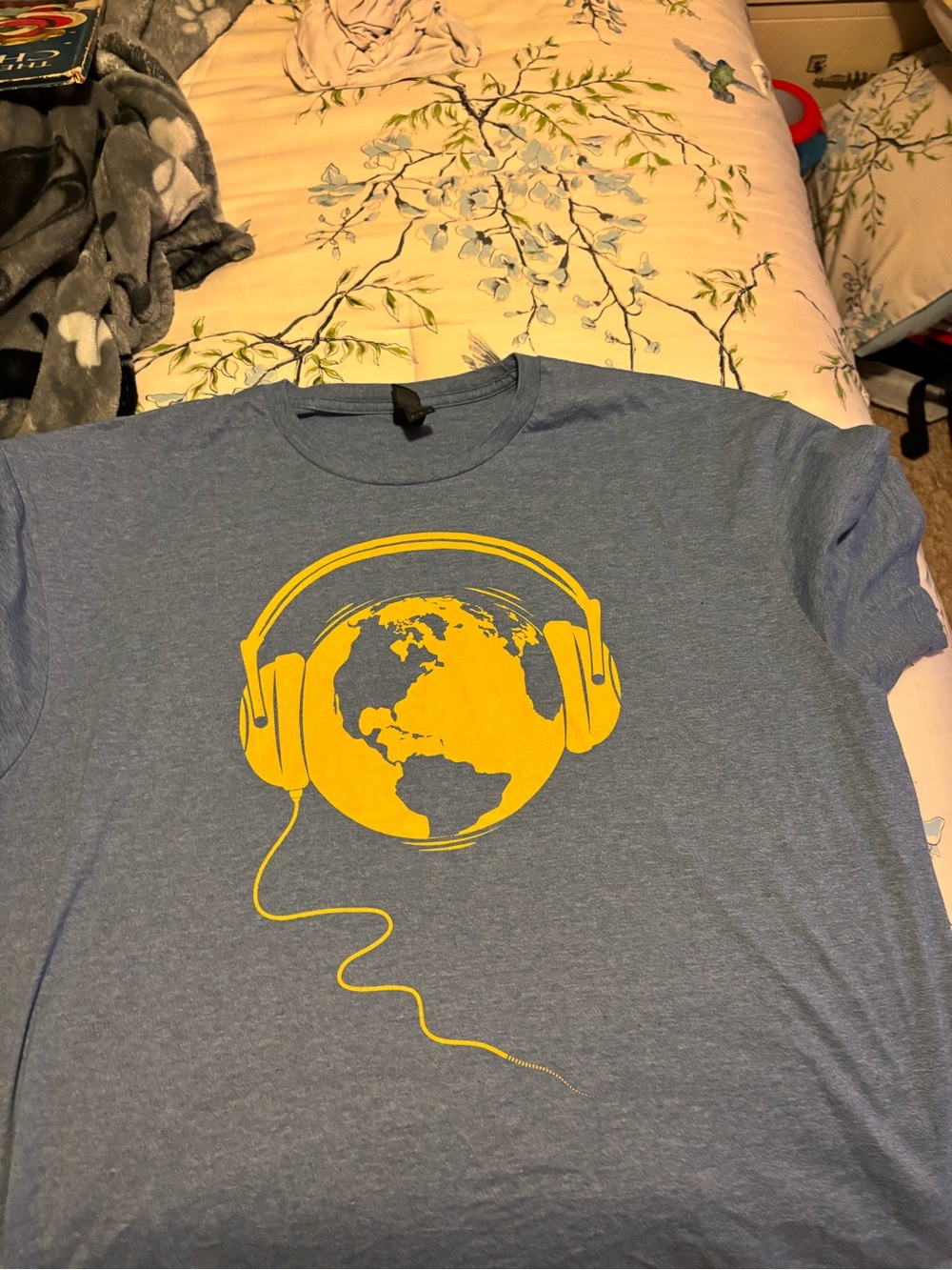 Gildan Blue Short Sleeve Tee with Yellow Globe Headphone Graphic